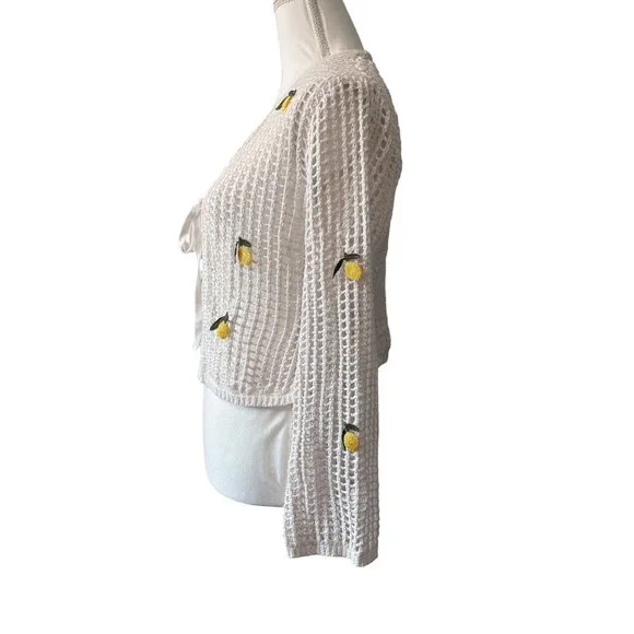 White Knit Cardigan With Yellow Lemon Embroidery & Tie Front Closure Womens XL - Picture 2 of 14
